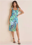 Ruffle Detail Midi Dress Ombre Block Leaves