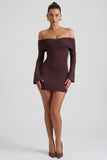 Modal Cashmere Blend Off Shoulder Ruched Mini Dress in Espresso
