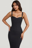Layered Bra Detail Fishtail Midaxi Dress in Black