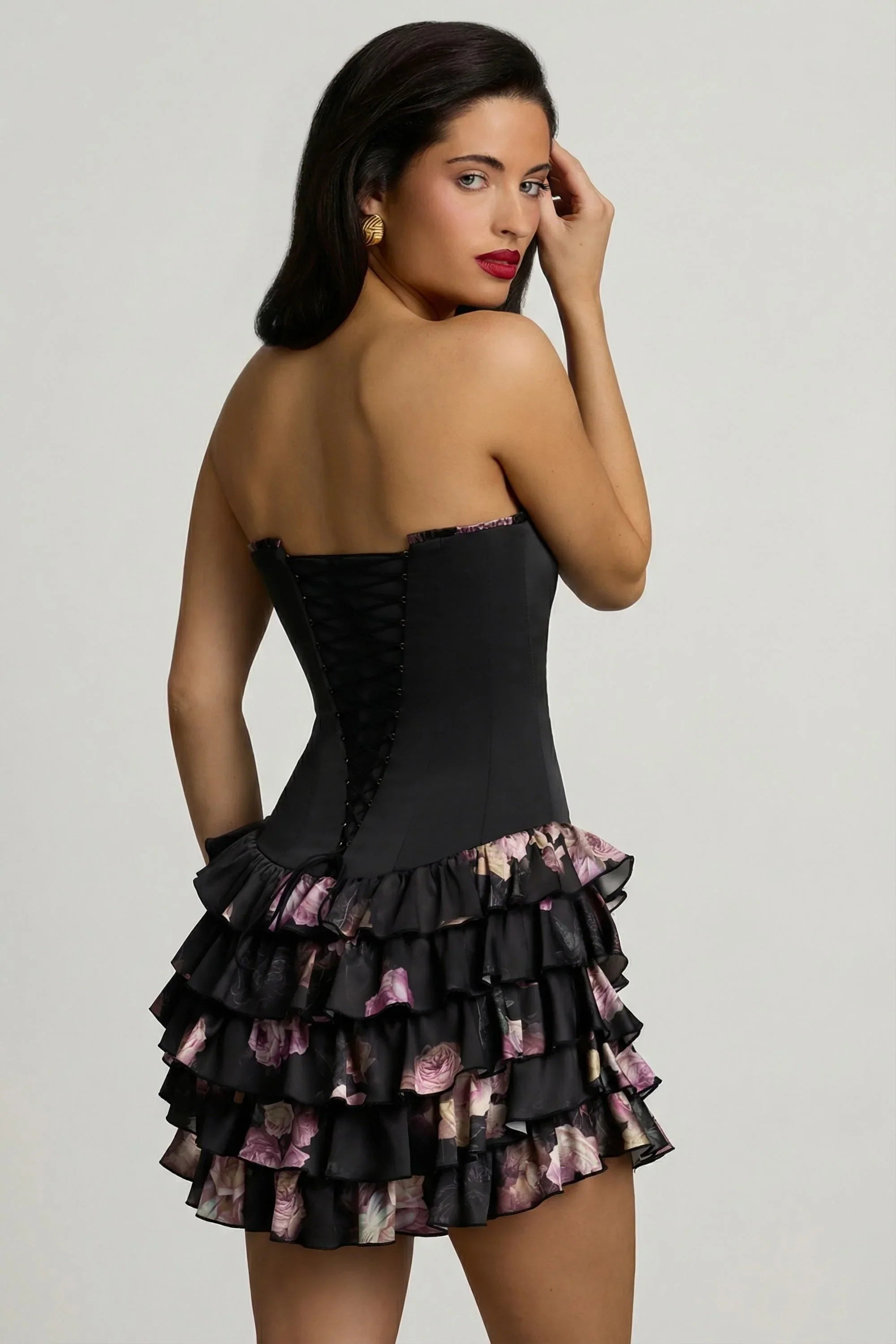 Strapless Ruffled Tiered Corset Mini Dress in Black Floral Print