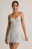 Modal Ribbed Tie Back A Line Mini Dress in Blue Yellow Stripe