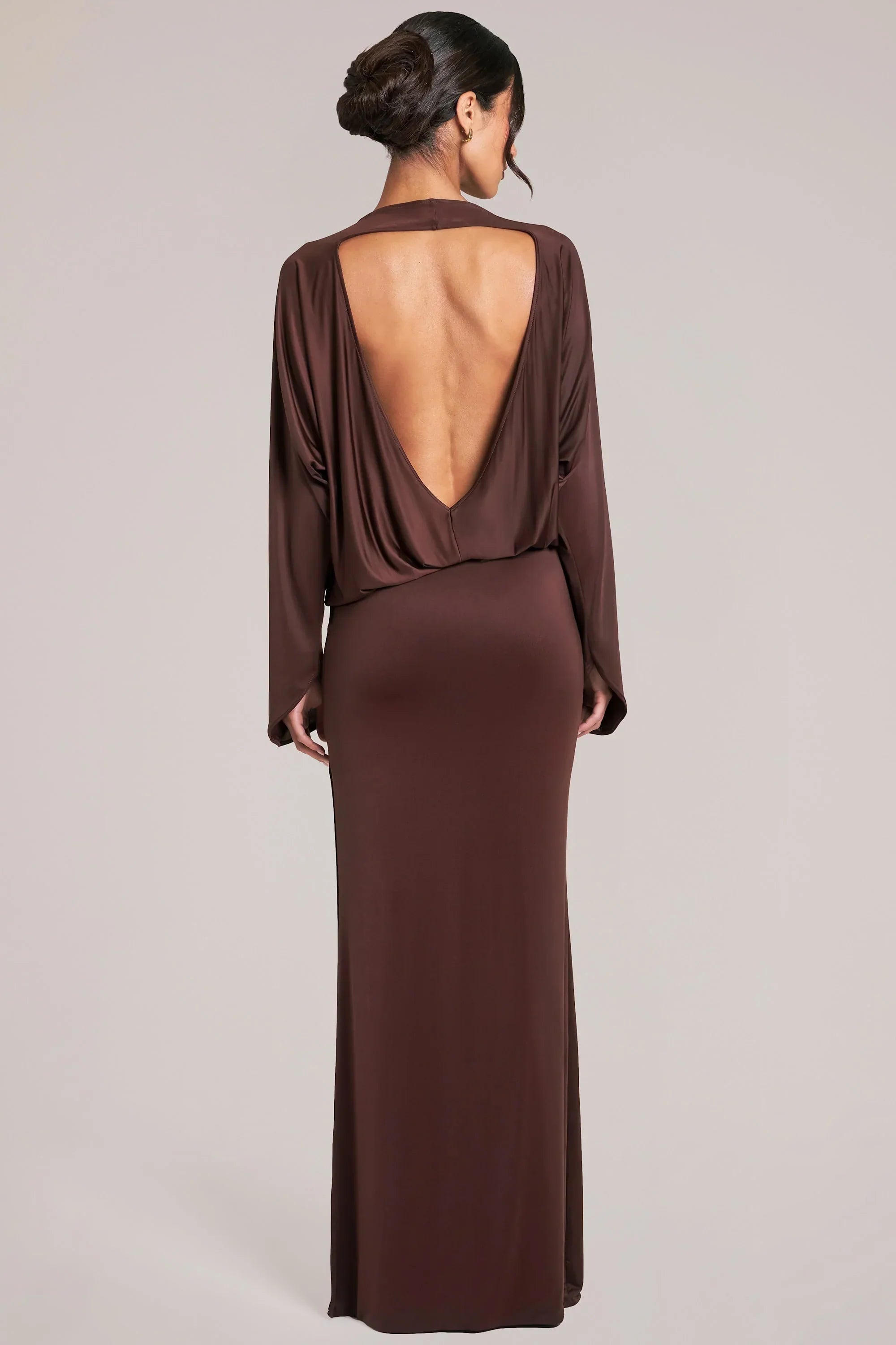 Long Sleeve Draped Maxi Dress in Chocolate Brown