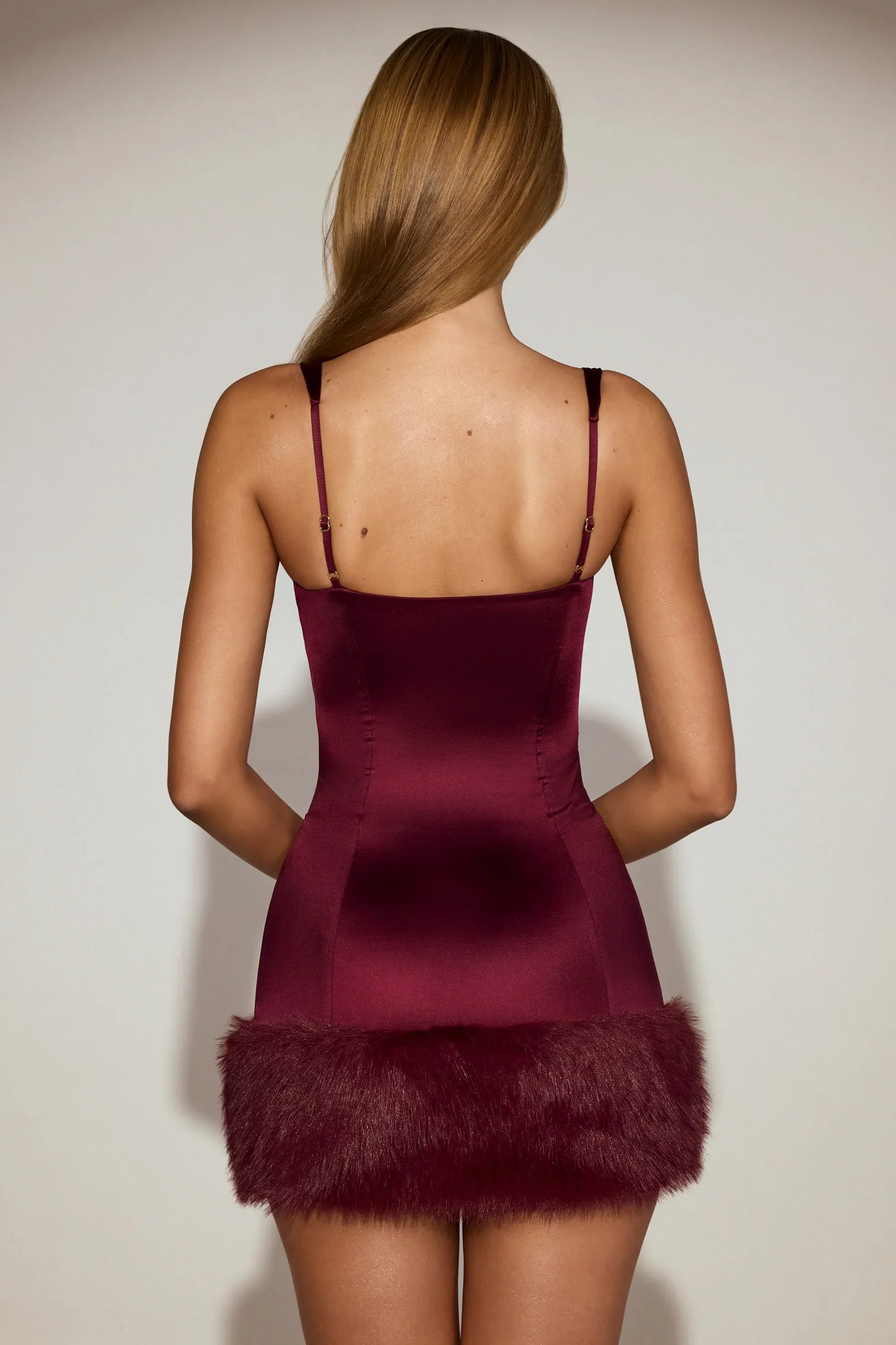 Satin Square Neck Corset Faux Fur Mini Dress in Wine Red