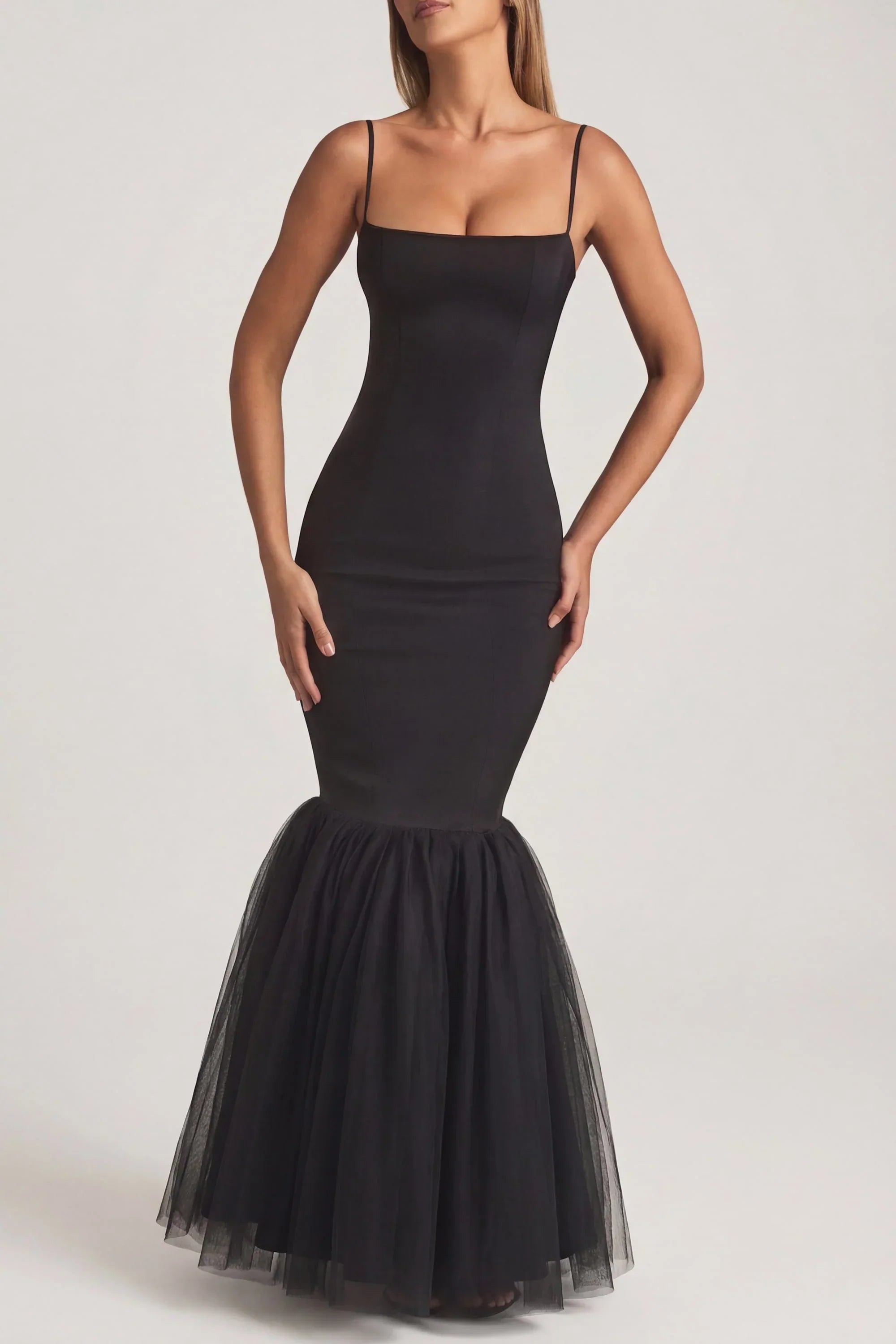 Tulle Hem Fishtail Gown in Black
