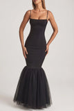 Tulle Hem Fishtail Gown in Black