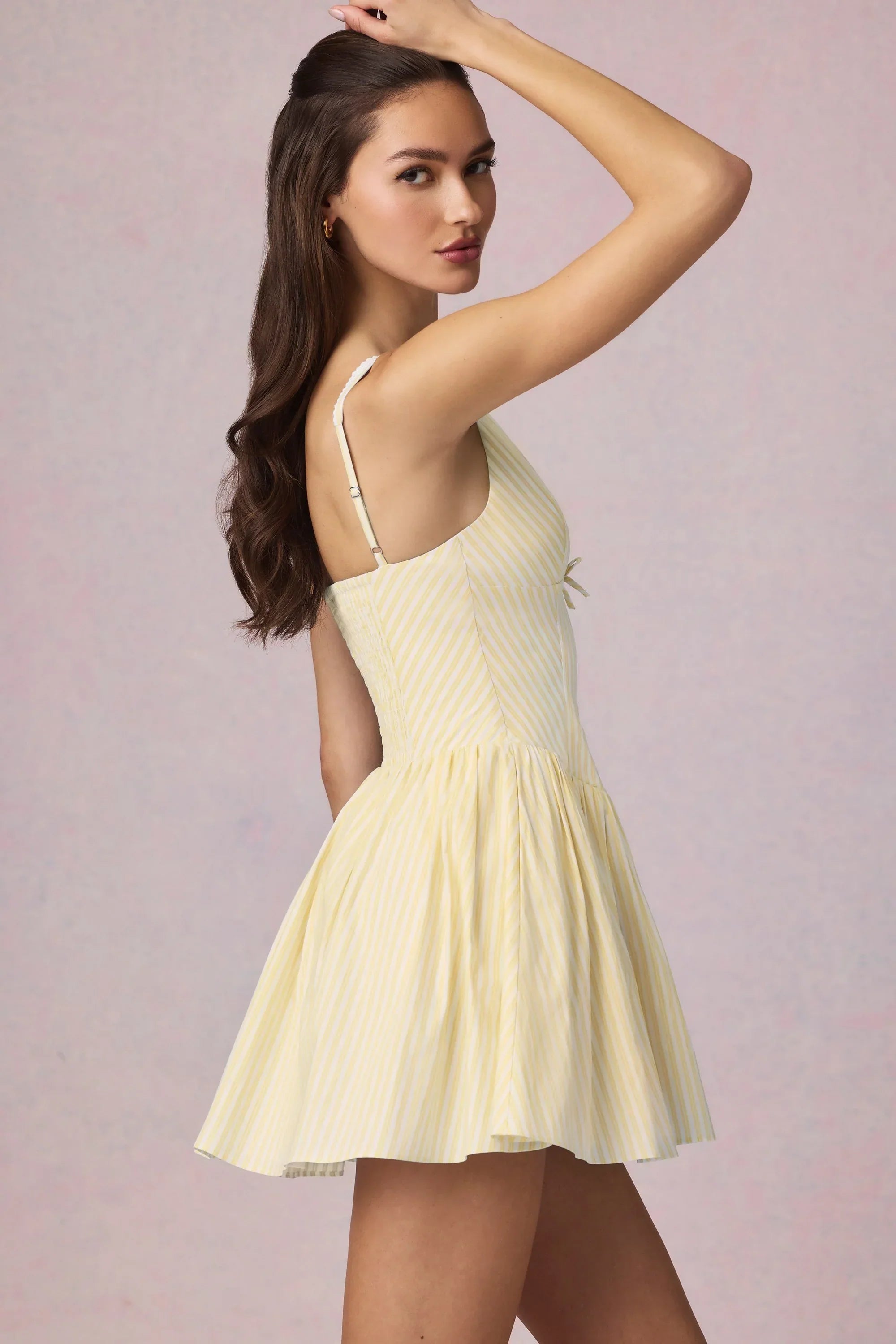 Bow Detail A Line Mini Dress in Lemon Yellow Stripe