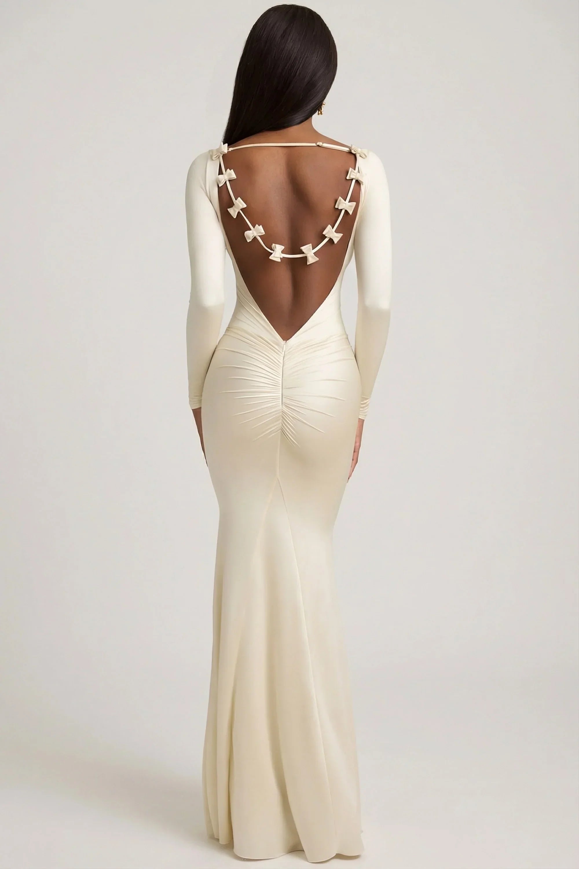 Bow Detail Ruched Maxi Dress in Ivory