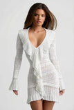 Ruffle Trim Pointelle Knit Mini Dress in White