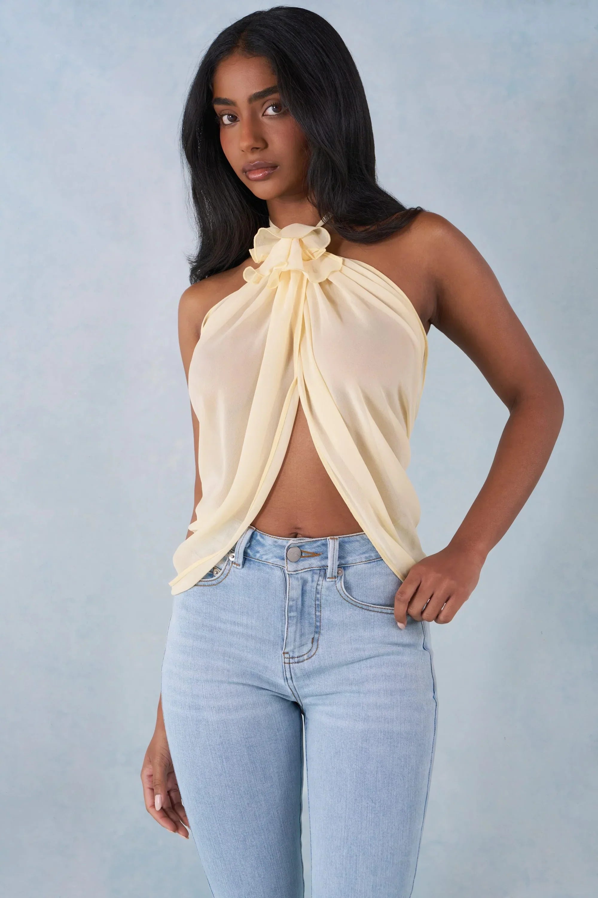 Halterneck Open Front Top in Butter Yellow