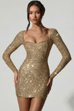 Embellished Sweetheart Neck Mini Dress in Gold