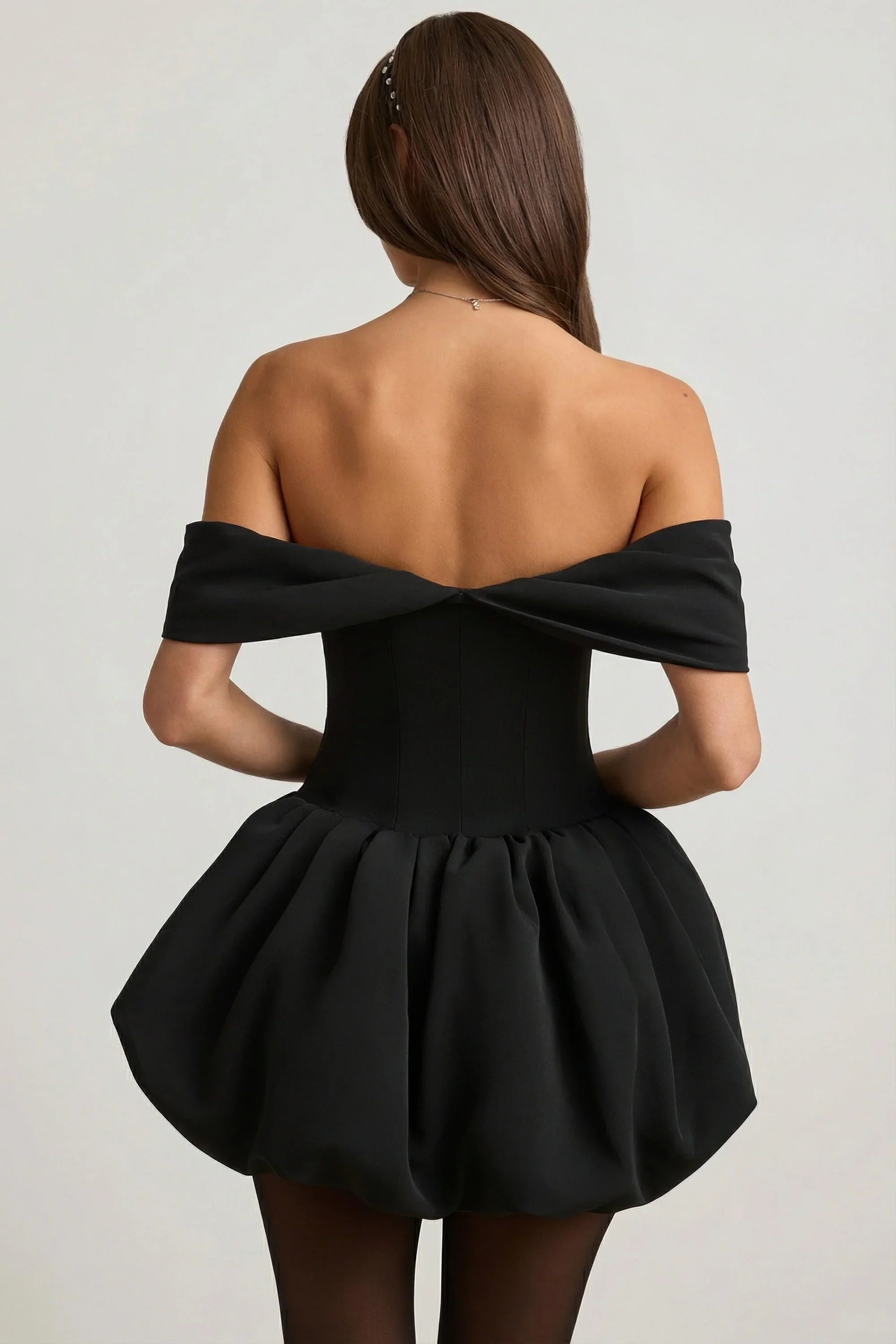 Off Shoulder Layered Bubble Hem Corset Mini Dress in Black
