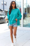 Kara Turquoise Stripe Waffle Pullover