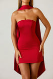Scarf Detail Strapless A Line Mini Dress in Scarlet Red