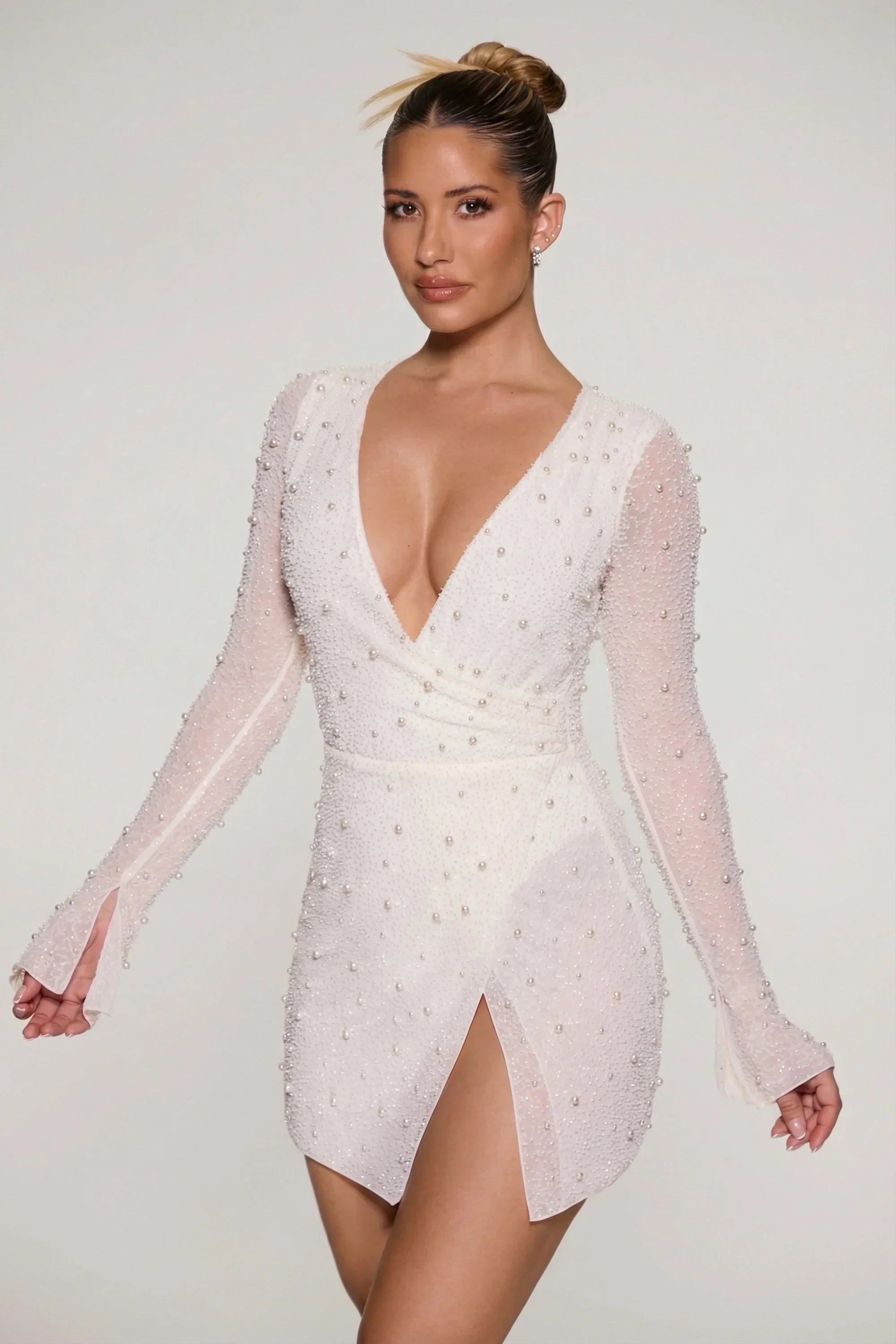 Embellished Wrap Over A Line Mini Dress in Ivory