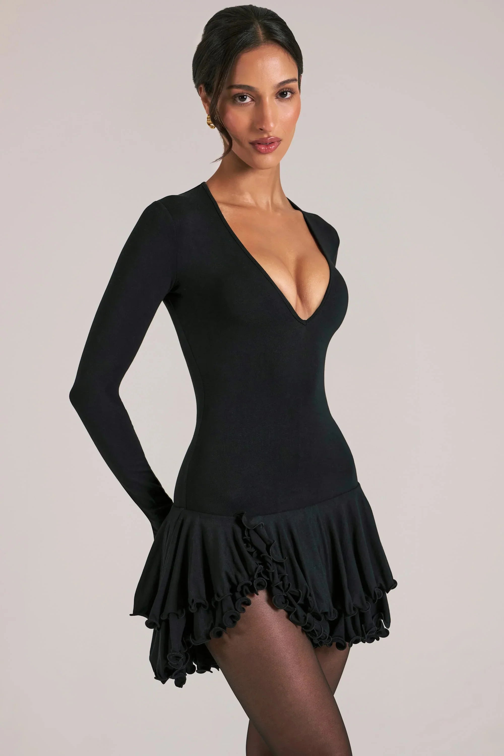 V Neck Ruffle Skirt Mini Dress in Black