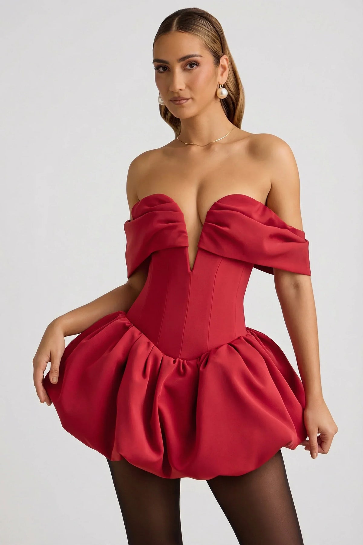 Off Shoulder Layered Bubble Hem Corset Mini Dress in True Red