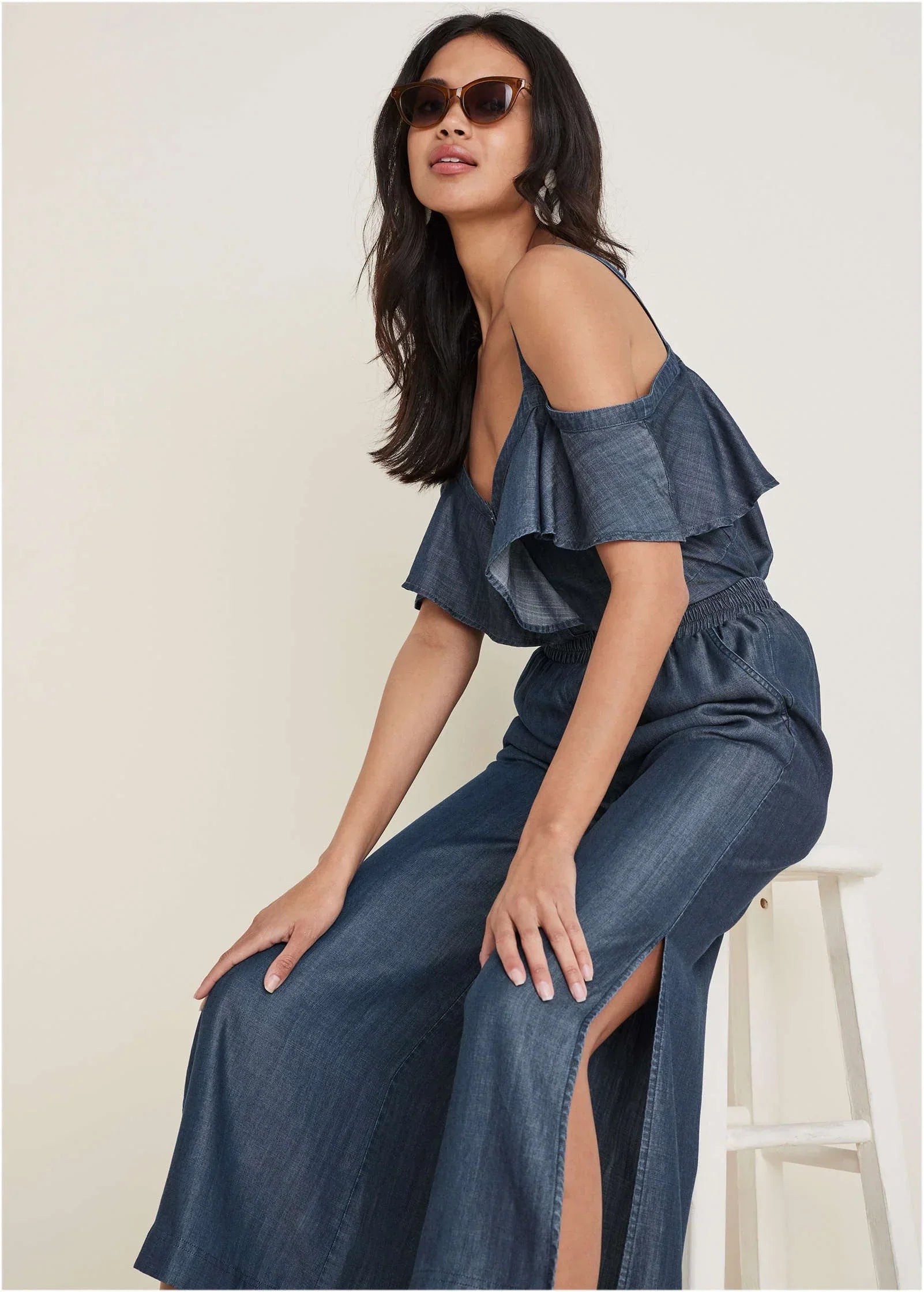 Chambray Cropped Pants Dark Wash