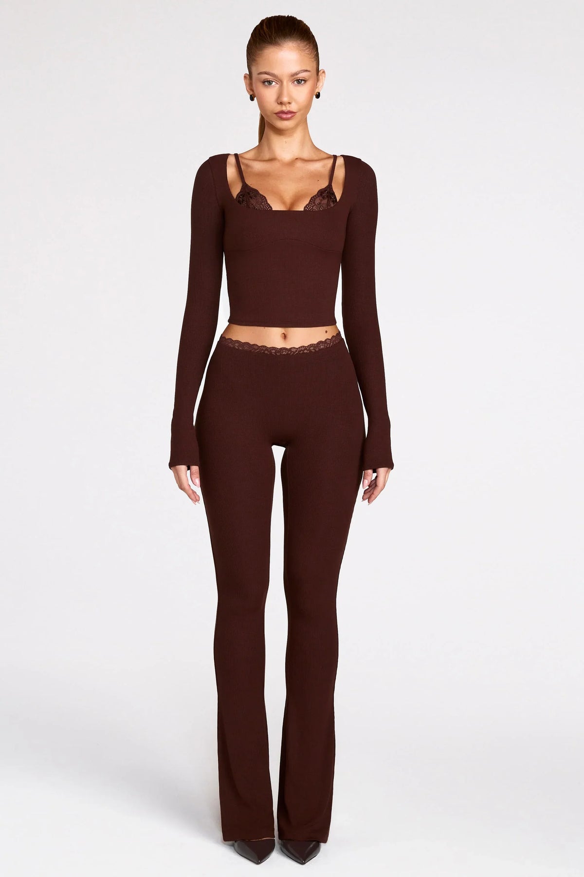 Modal Mid Rise Flared Trousers in Chocolate Brown