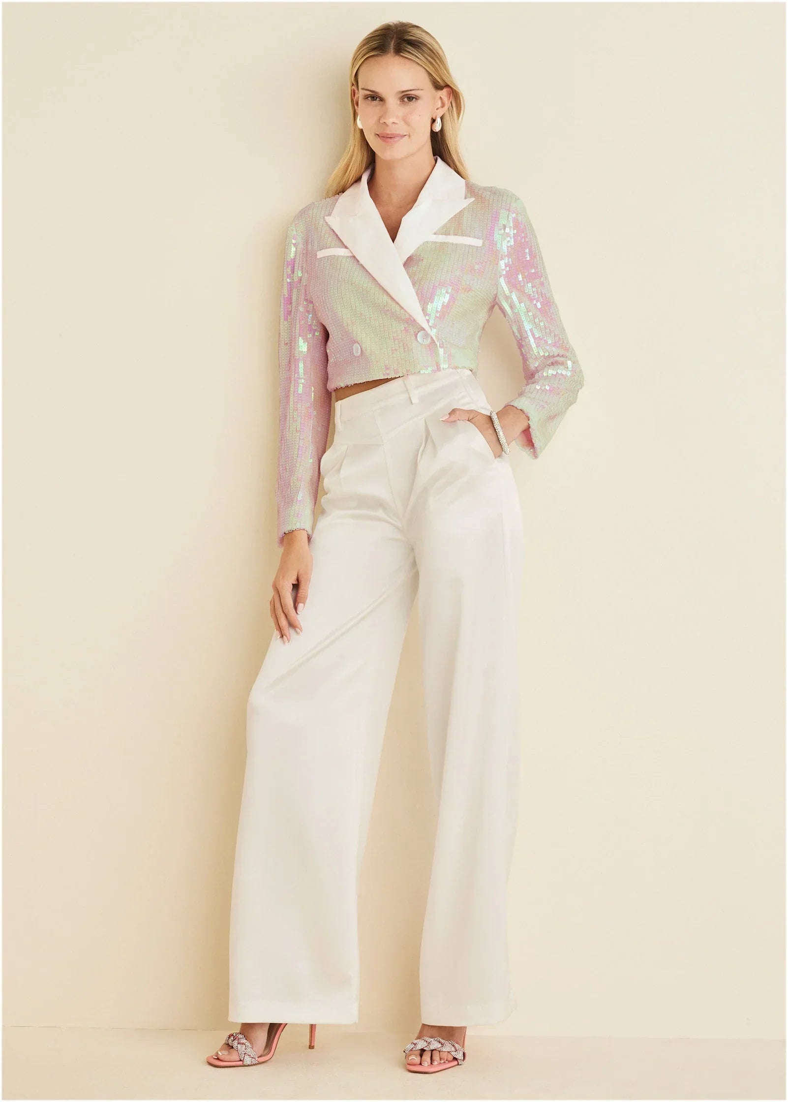 Cropped Sequin Blazer Pearl White