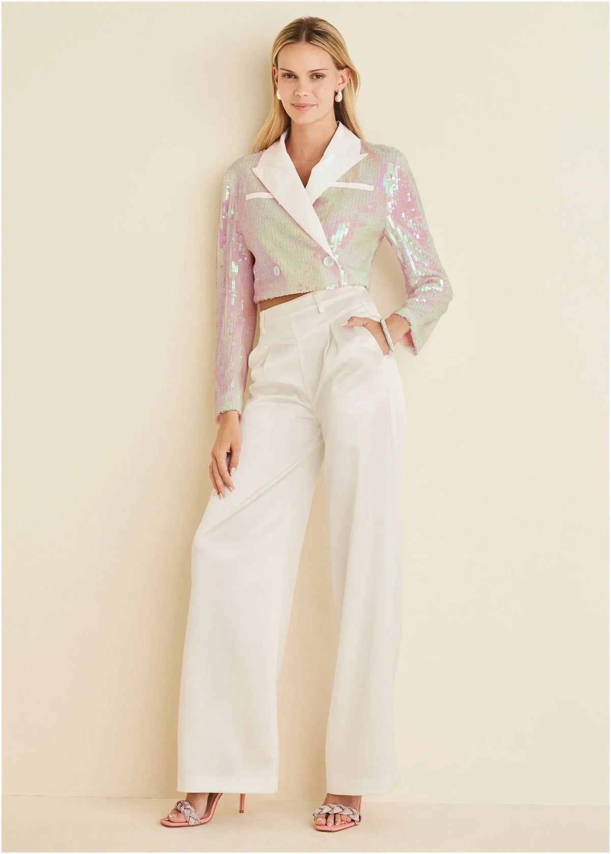 Cropped Sequin Blazer Pearl White
