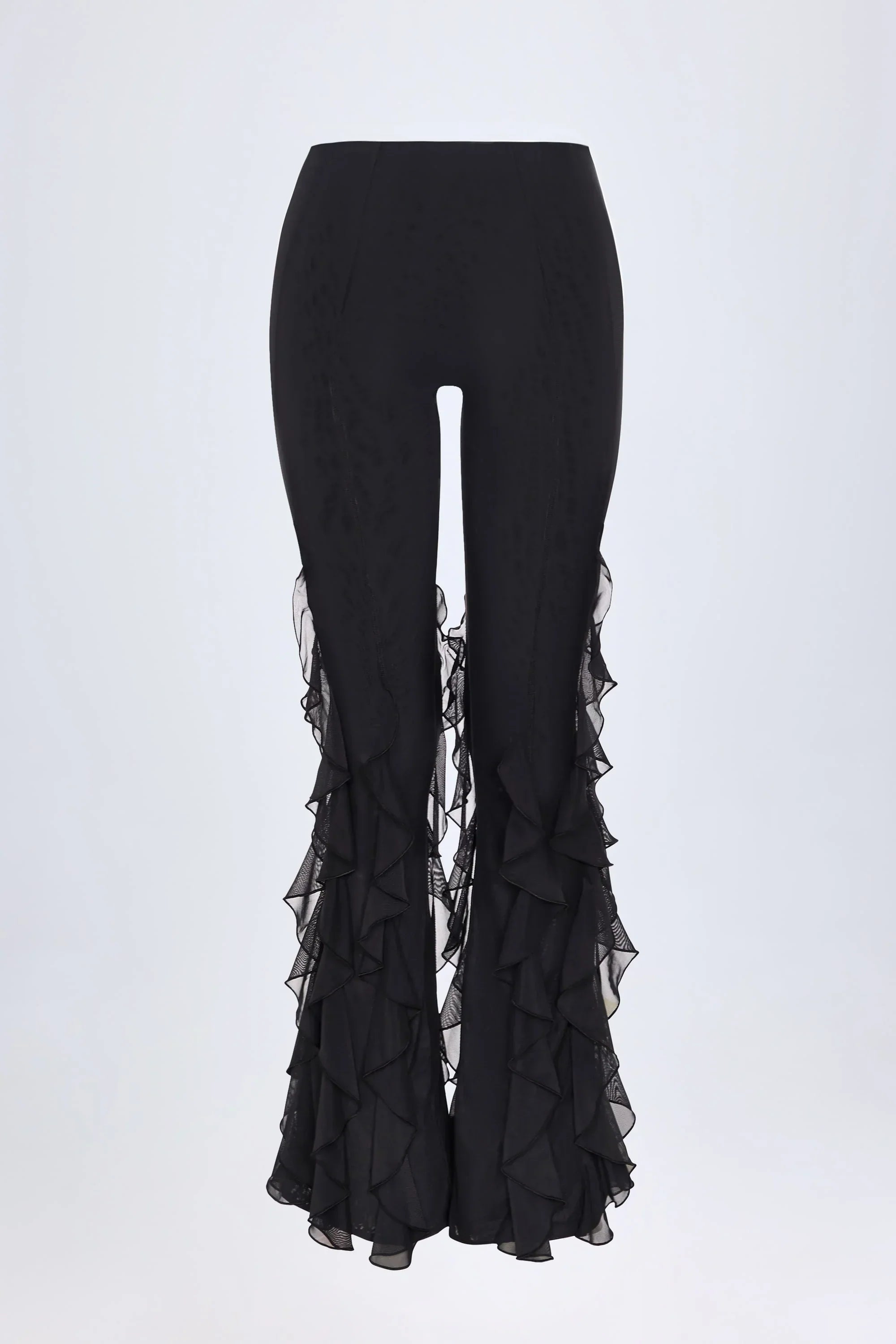 Ruffled Mid Rise Flared Trousers in Black