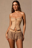Fringed Low Rise Mini Shorts in Tan