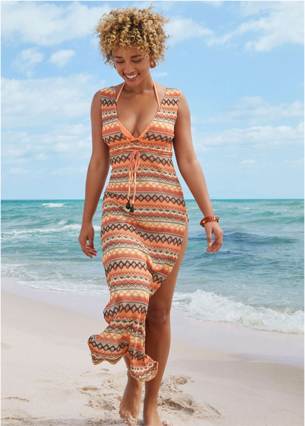 Crochet Maxi Cover Up Dress Tan Combo