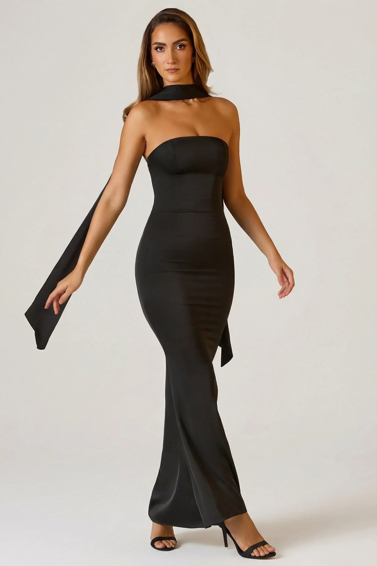 Scarf Detail Strapless Gown in Black