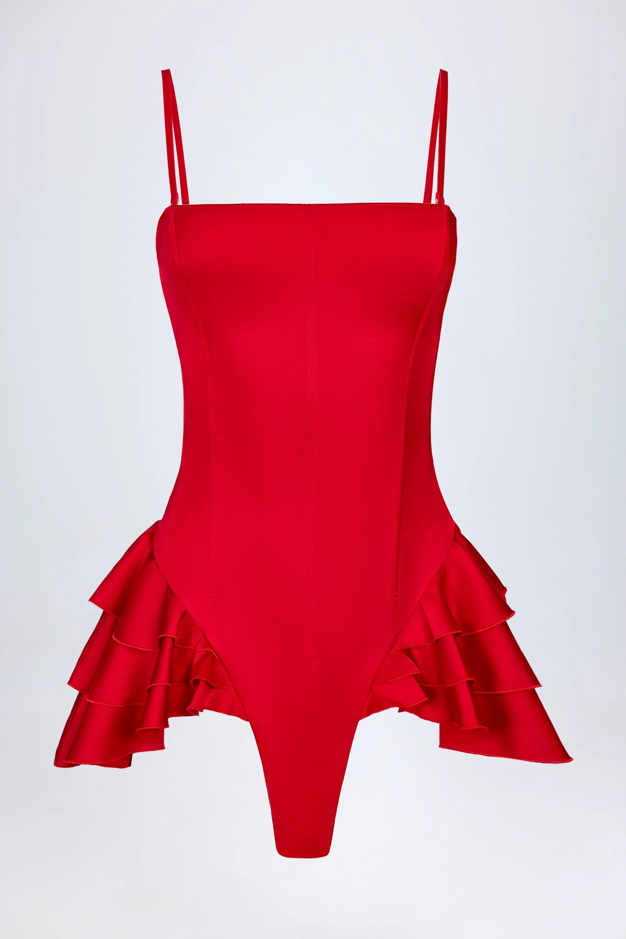 Ruffled Lace Up Corset Playsuit in Fire Red