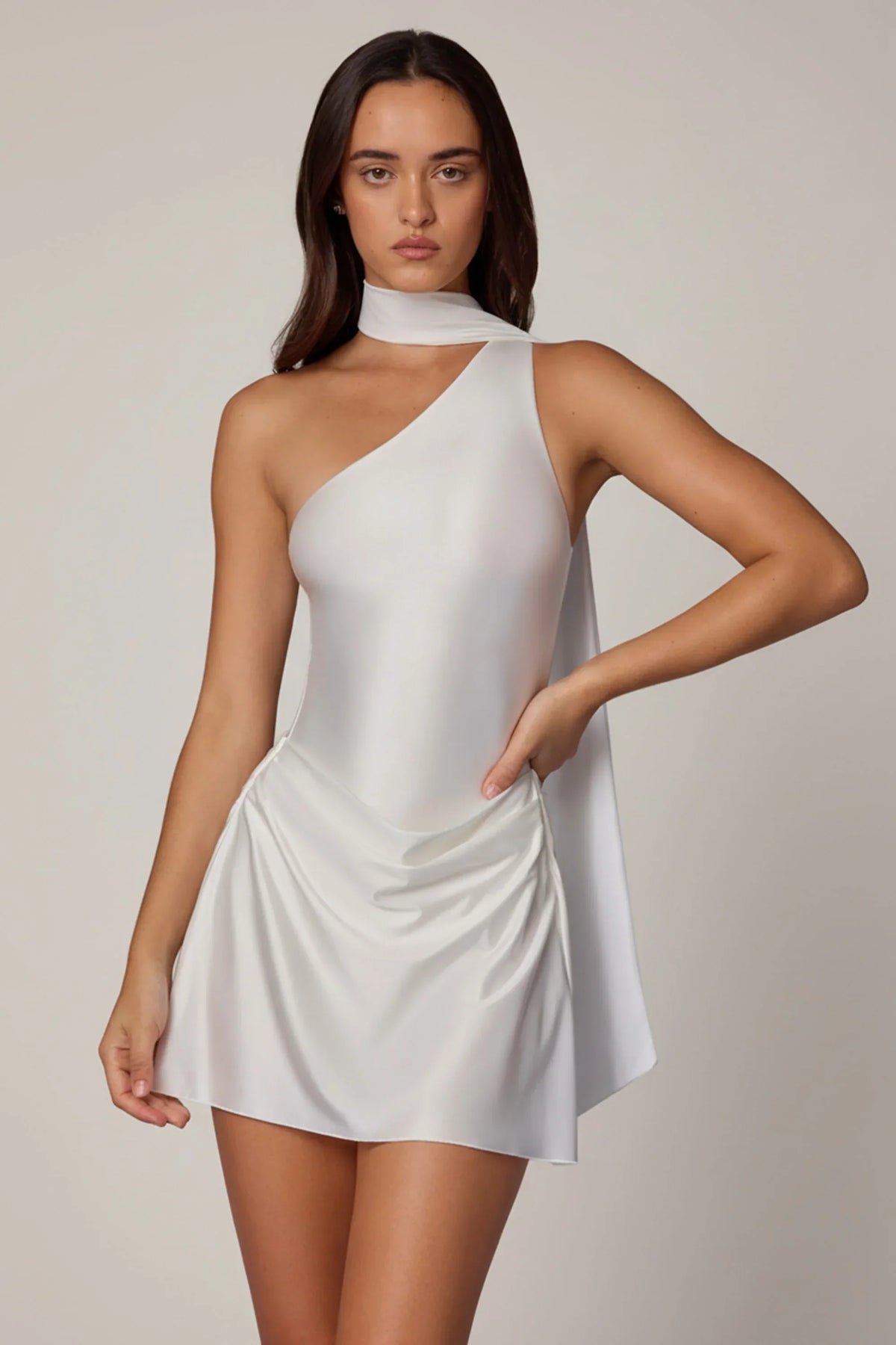 Asymmetric Scarf Detail Mini Dress in White