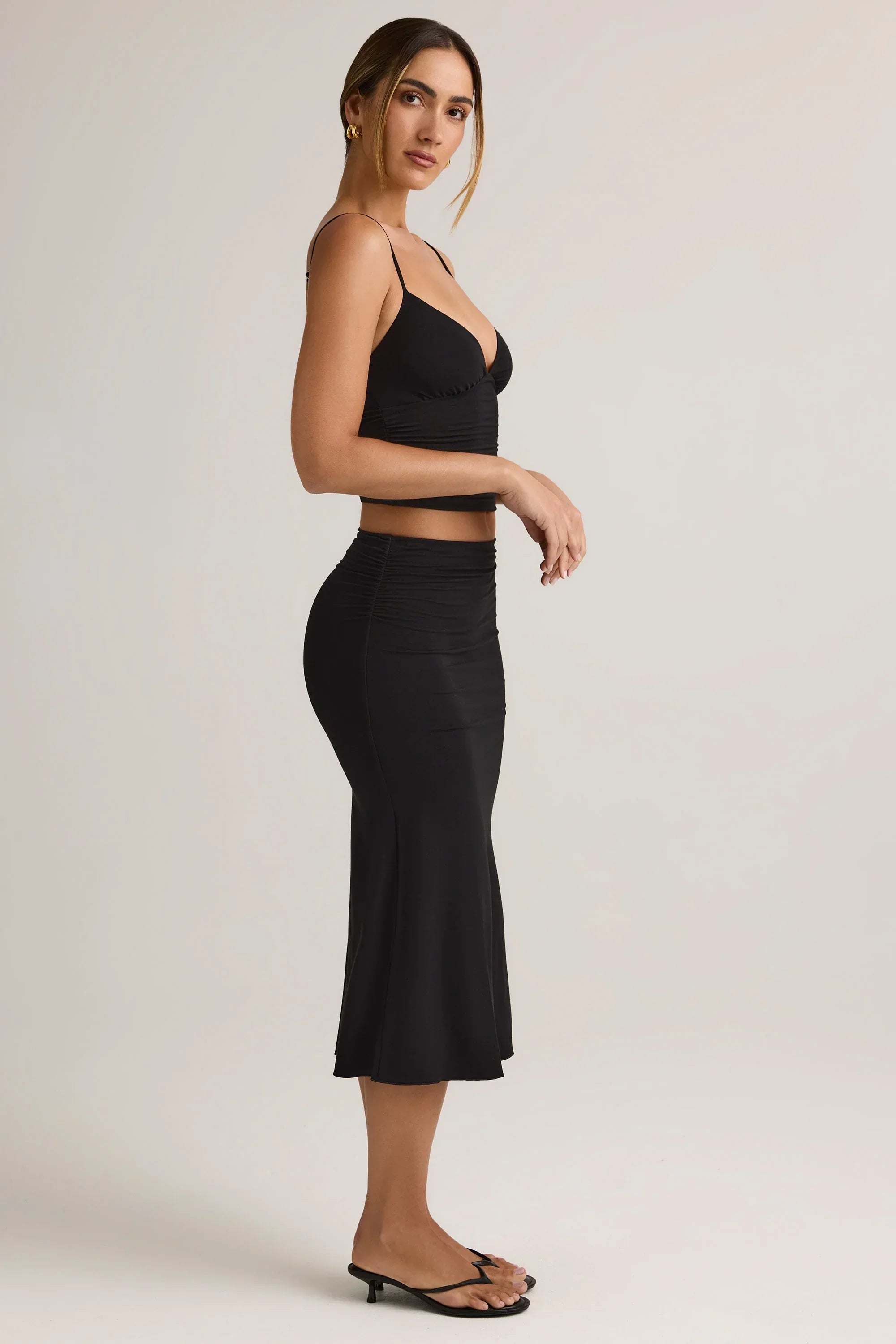Modal Ruched Mid Rise Midaxi Skirt in Black