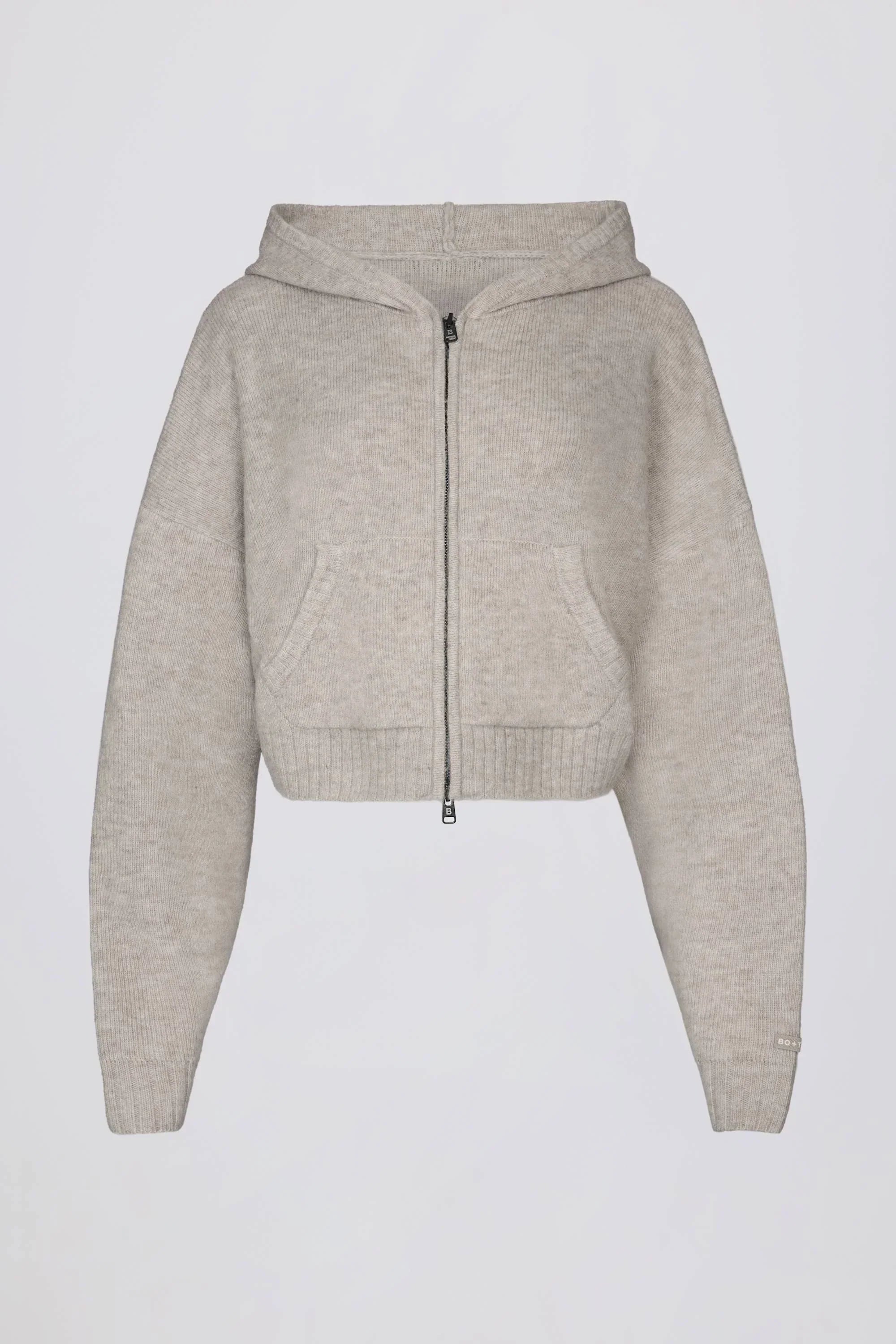 Soft Knit Zip Up Cropped Hoodie in Beige