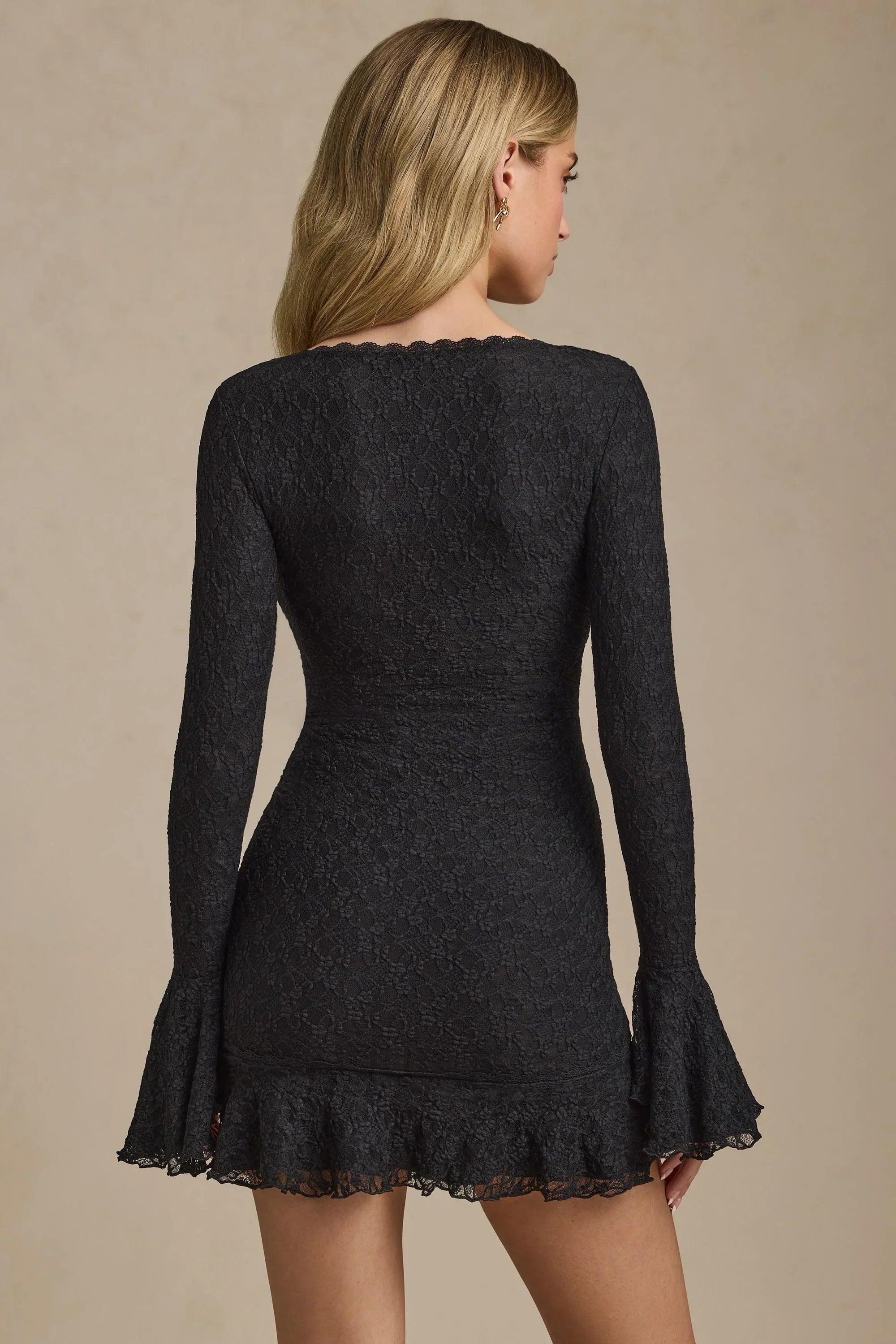 Long Sleeve Ruffled Lace Mini Dress in Black