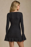 Long Sleeve Ruffled Lace Mini Dress in Black