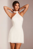 Embellished Asymmetric Neck A Line Mini Dress in White