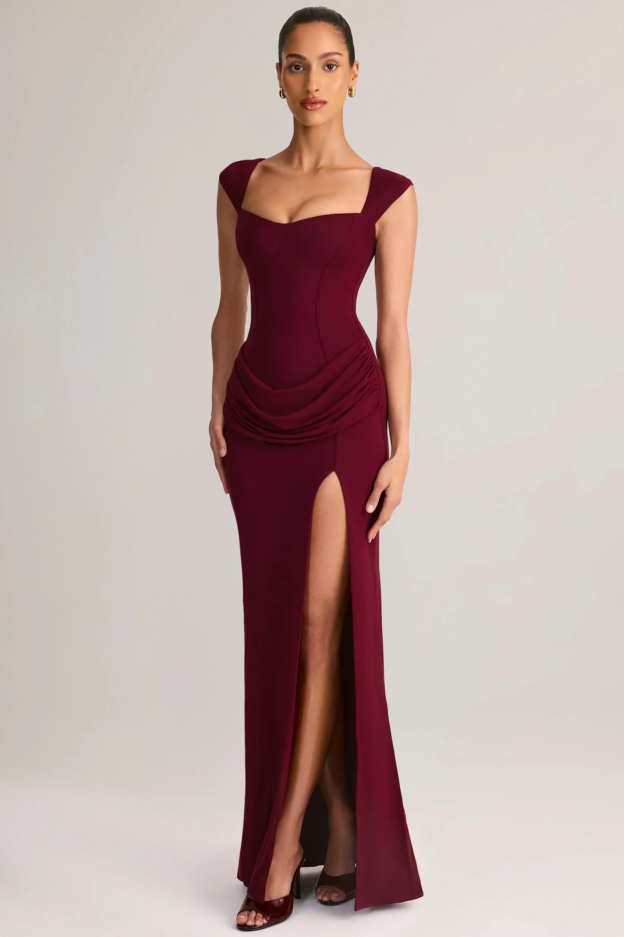 Modal Sweetheart Neck Cowl Waist Maxi Dress in Wine