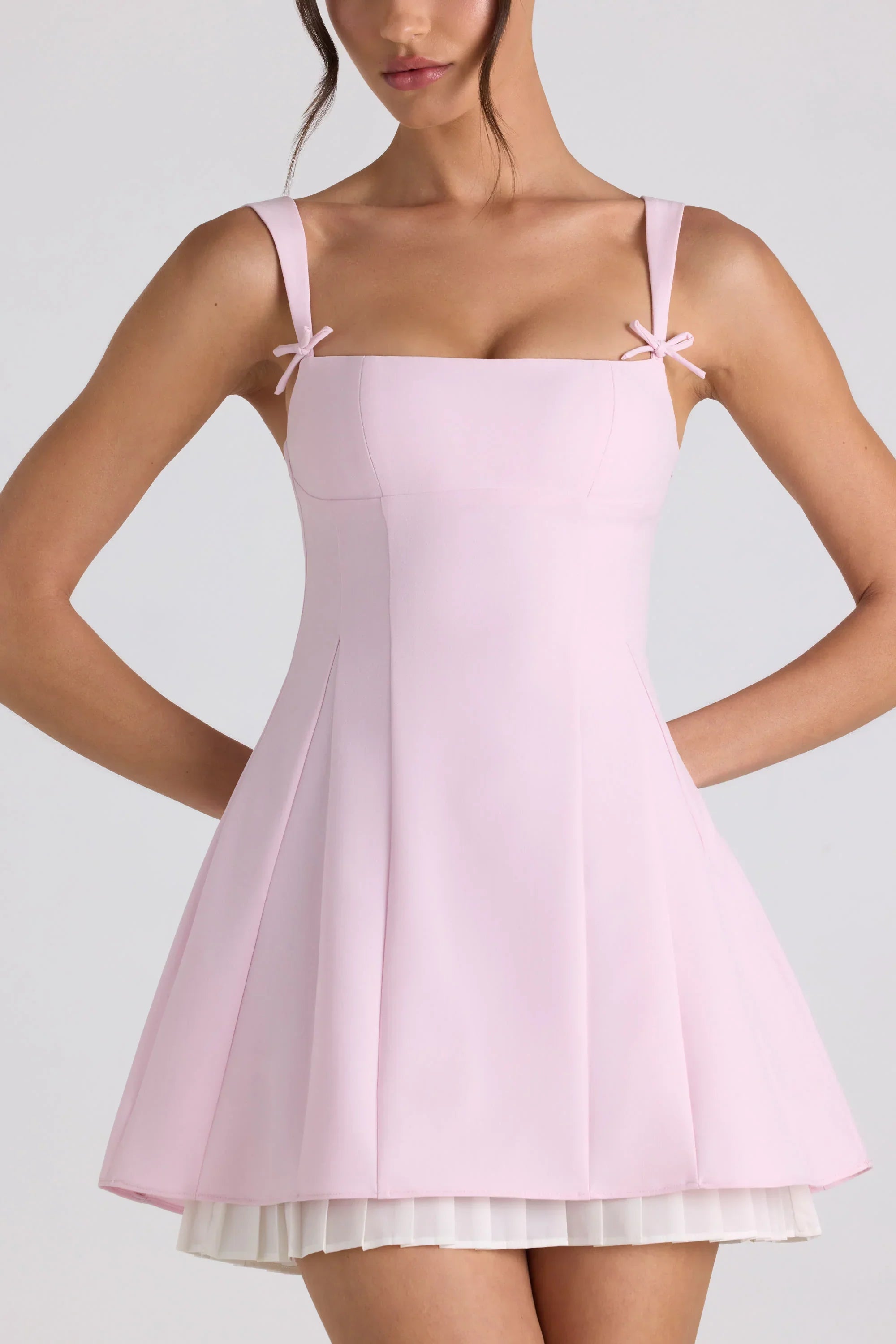 Bow Detail Pleated A Line Mini Dress in Soft Pink
