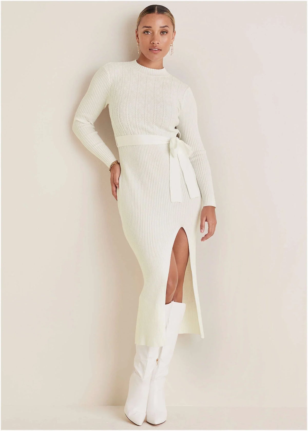 Belted Maxi Sweater Dress Off White