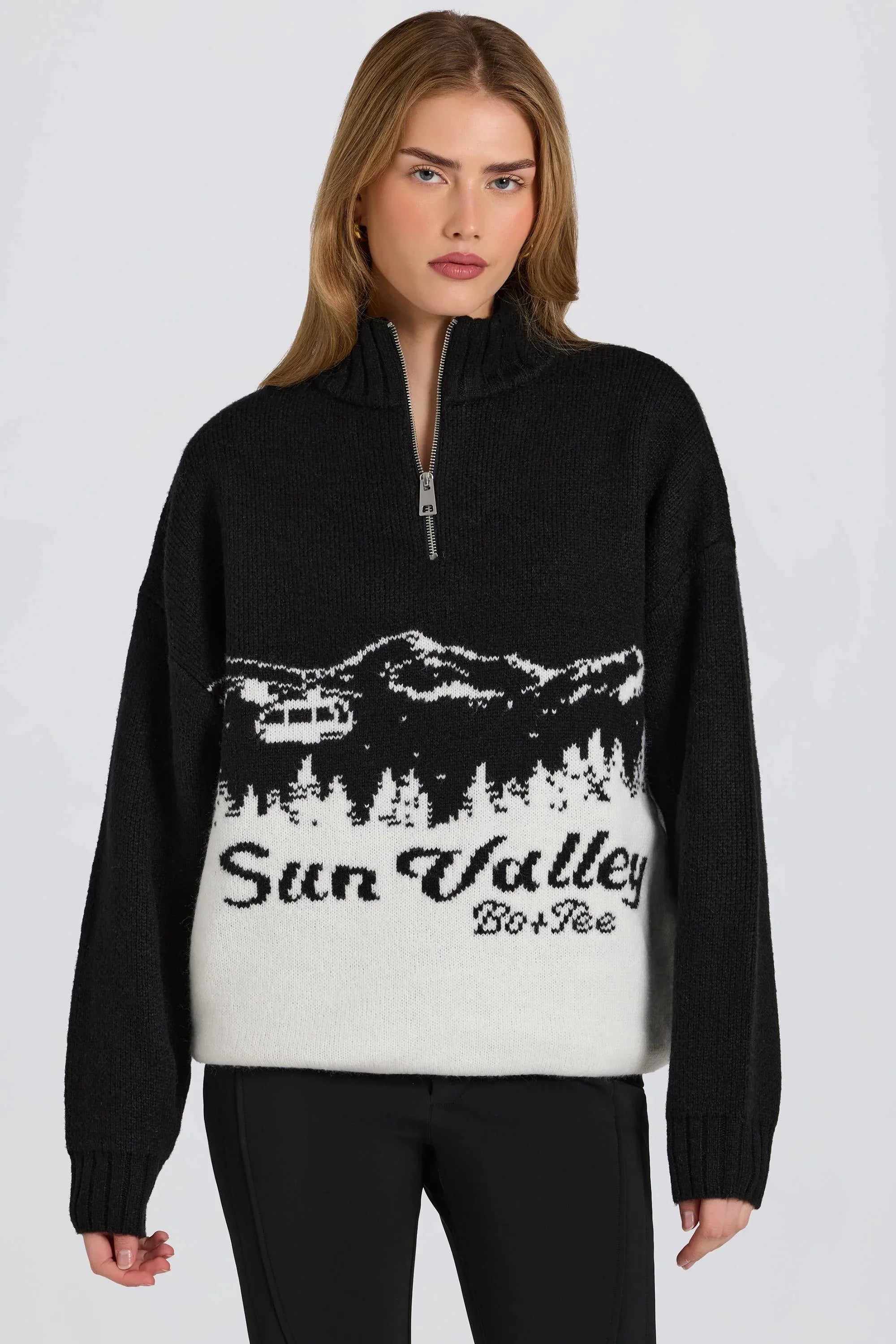 Knit Quarter Zip Turtleneck Oversized Jumper in Black