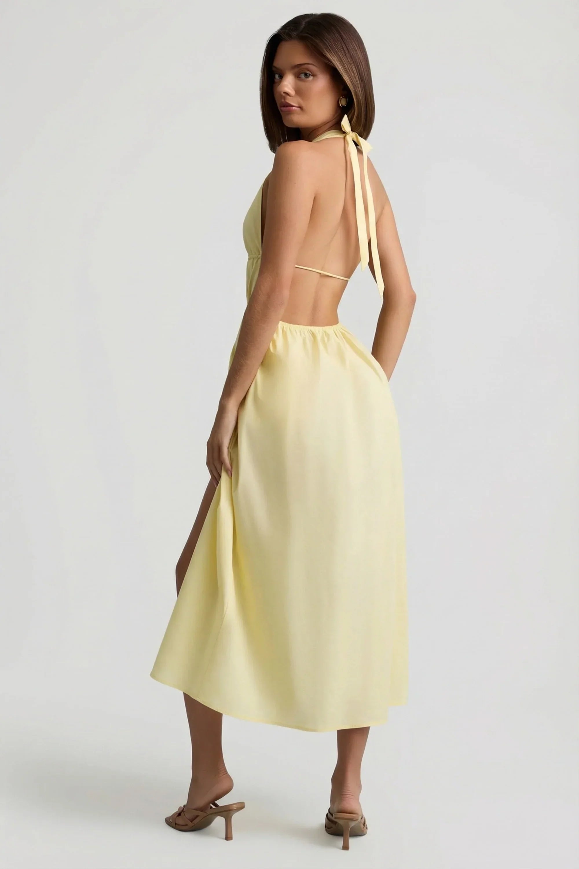 Backless Cotton Poplin Midaxi Dress in Lemon Yellow