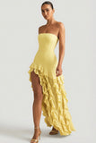 Ruffle Trim Strapless Gown in Pastel Yellow