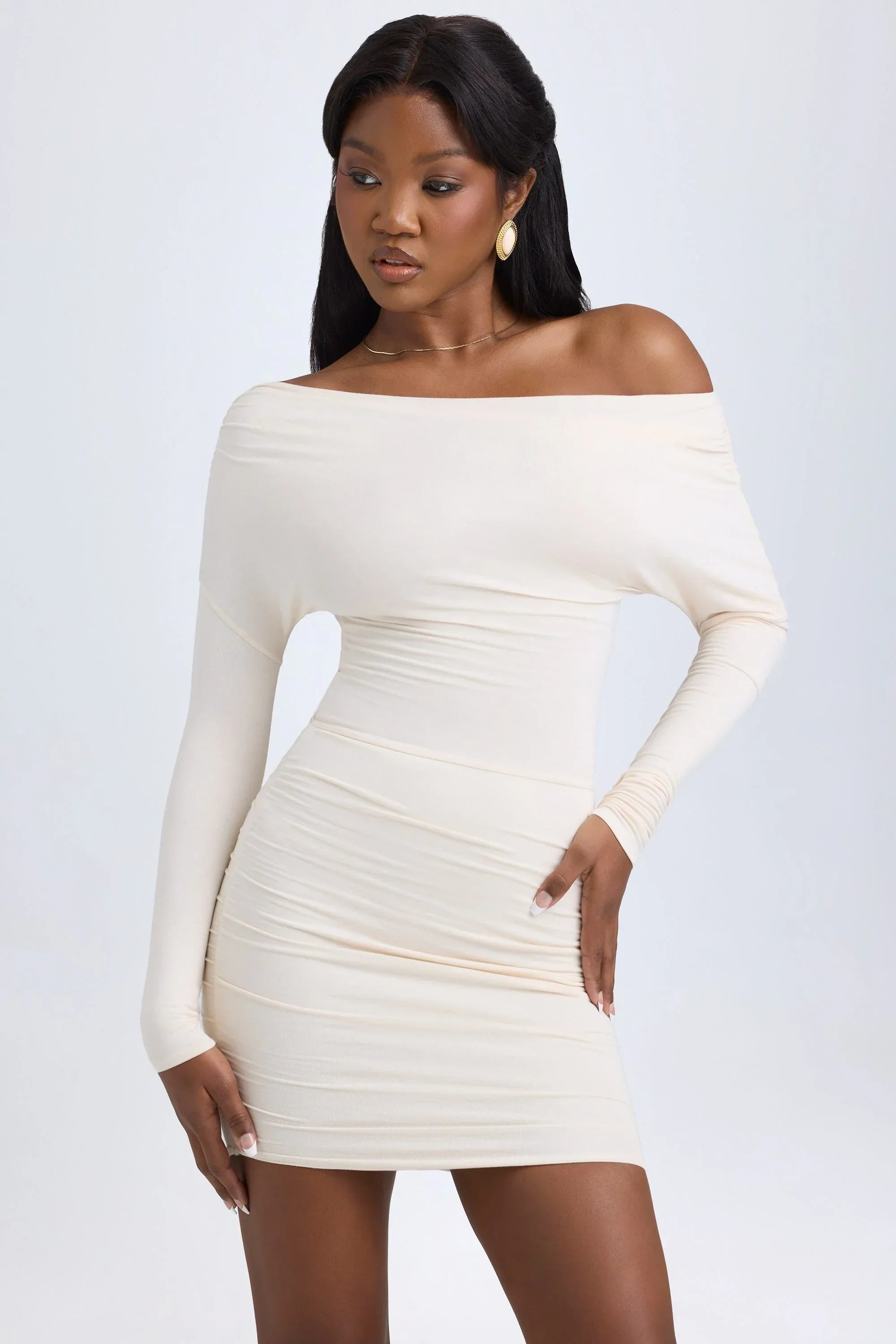 Modal Off Shoulder Ruched Mini Dress in Ivory