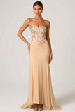 Embellished Corset Fishtail Gown in Floral Beige