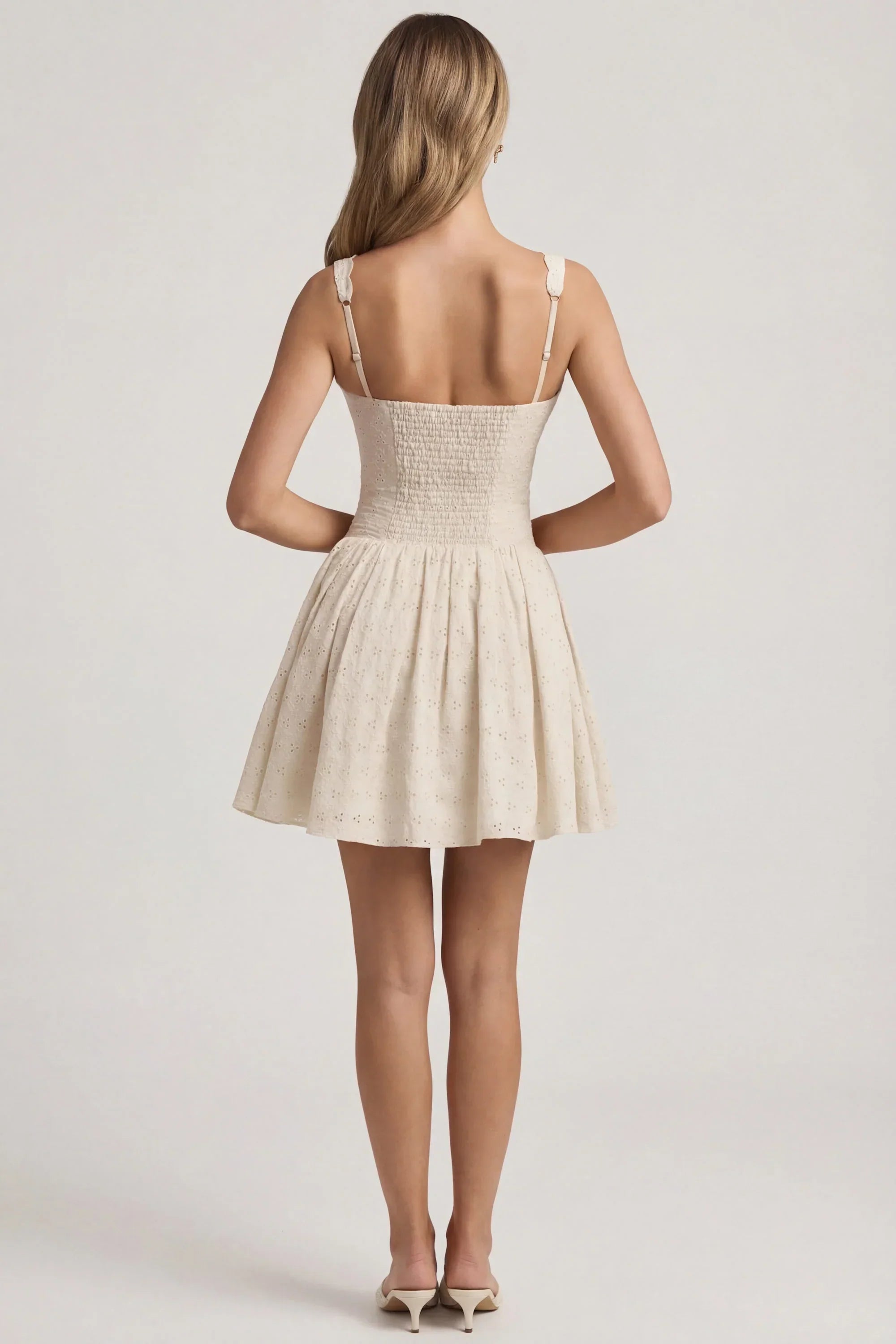 Broderie Anglaise Bow Detail A Line Mini Dress in Ivory