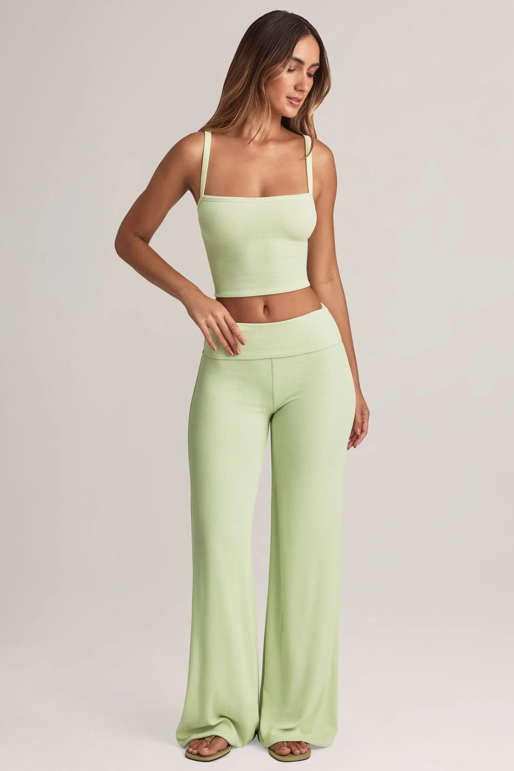 Modal Foldover Wide Leg Trousers in Sage Green