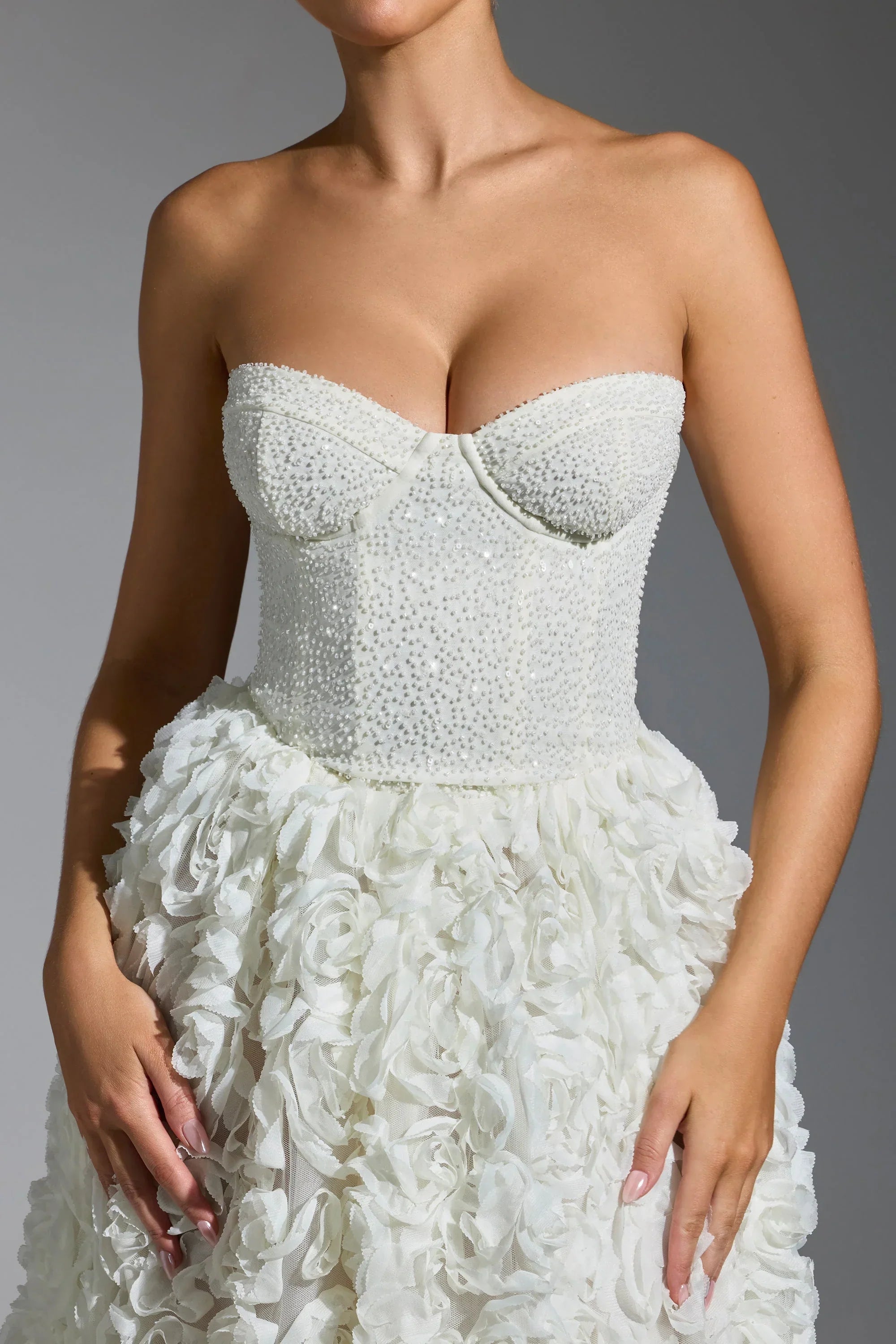 Embellished Floral Appliqué Corset Gown in White