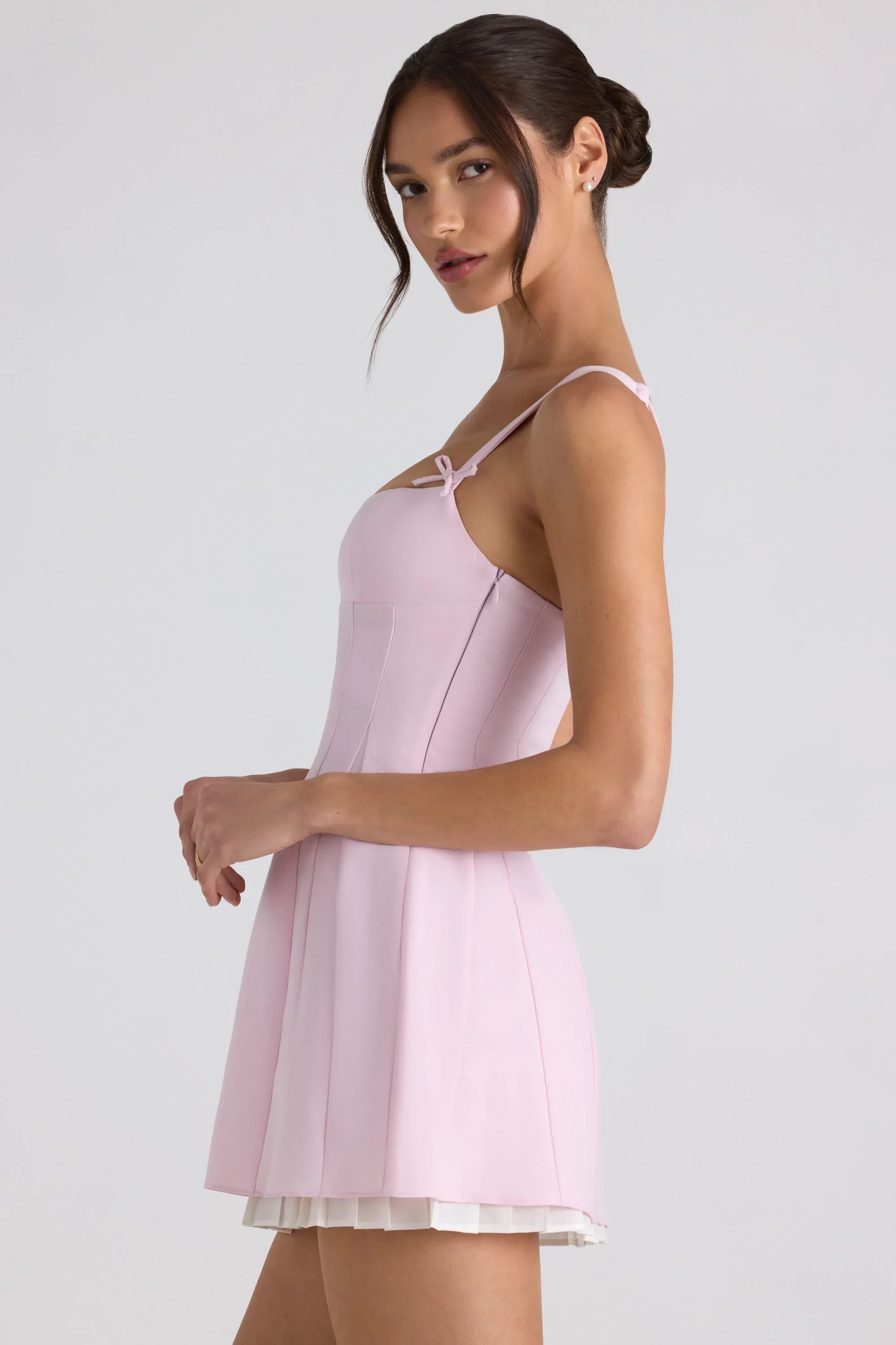 Bow Detail Pleated A Line Mini Dress in Soft Pink