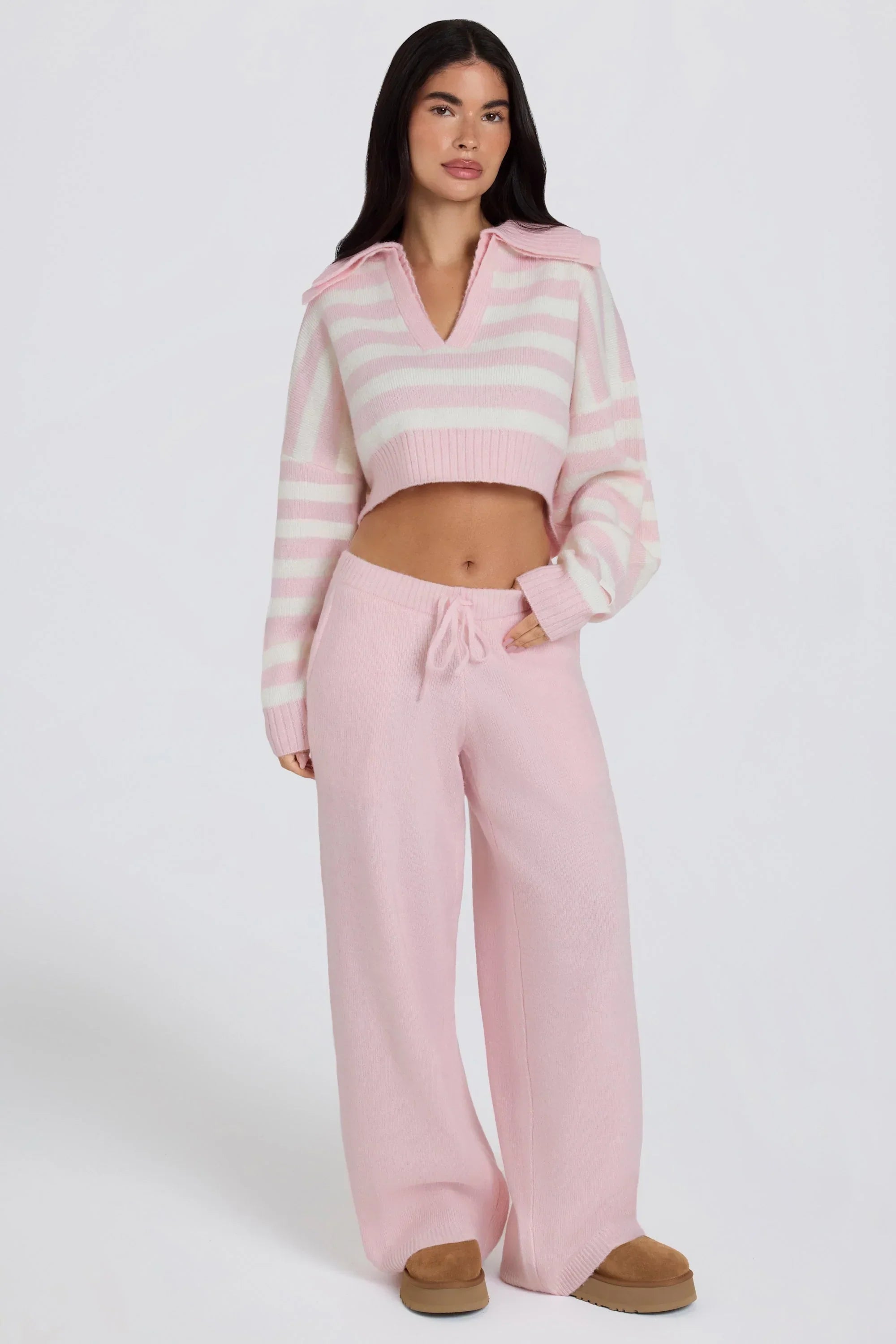 Knit Mid Rise Wide Leg Joggers in Soft Pink