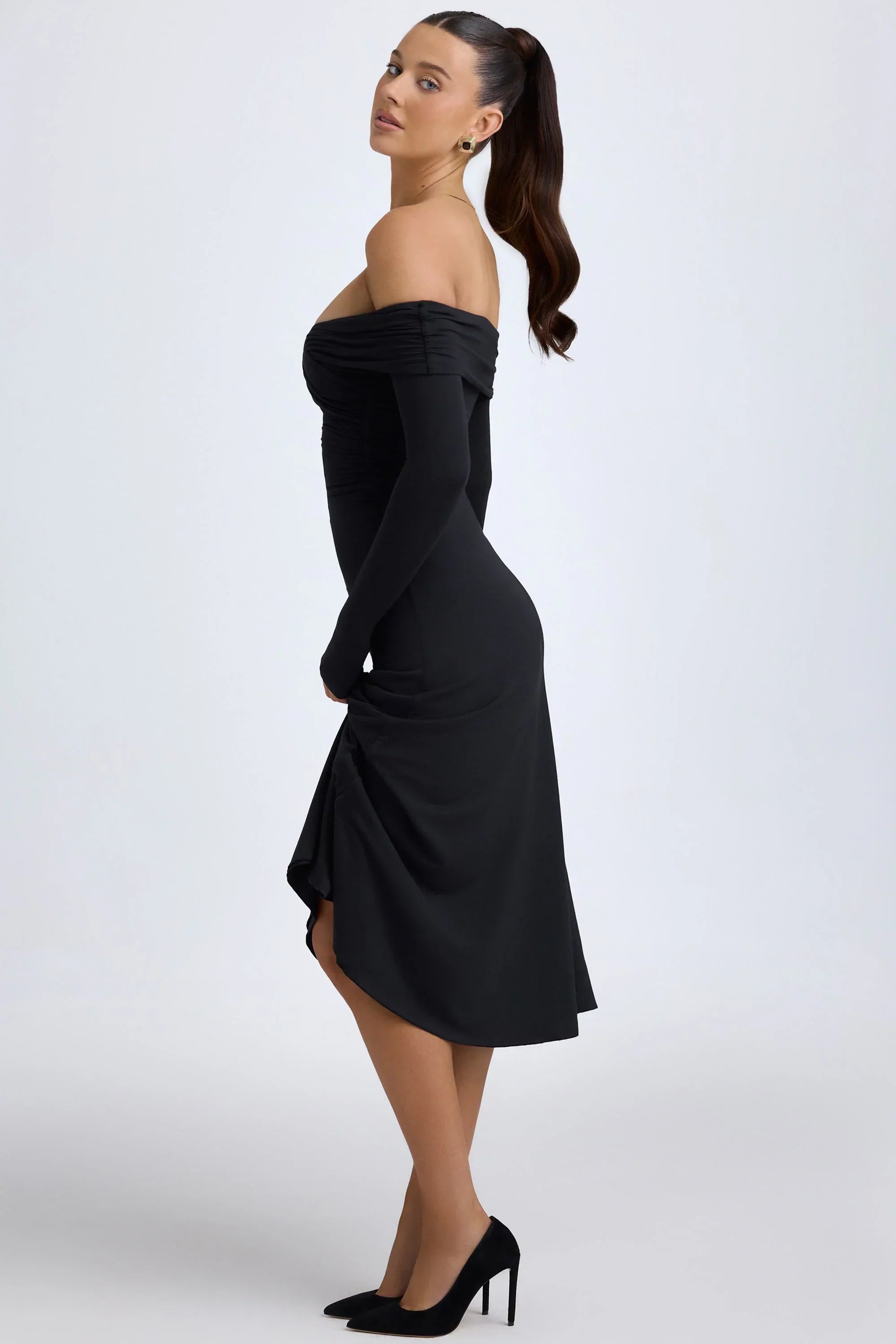 Modal Off Shoulder Ruched Midaxi Dress in Black