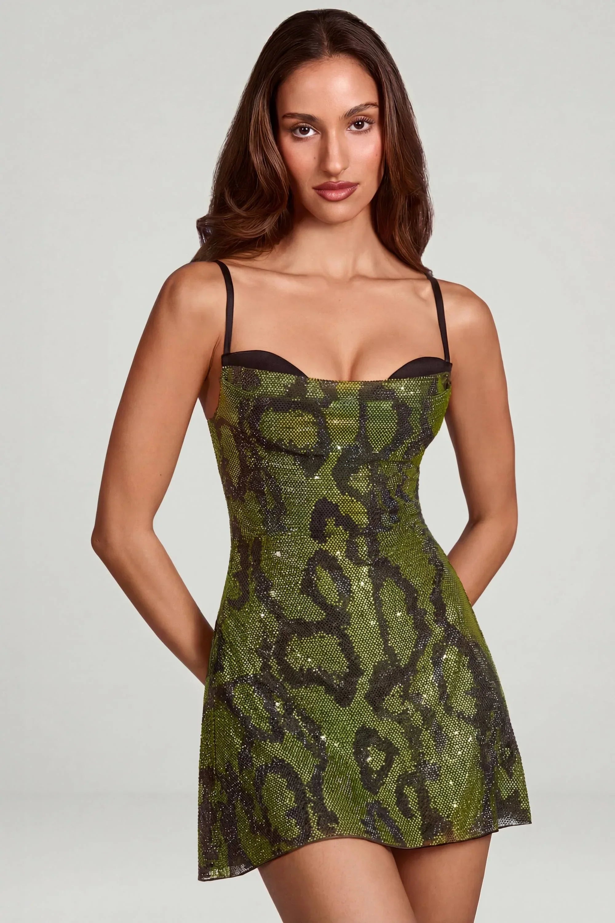 Embellished Cowl Neck A line Mini Dress in Green Snake
